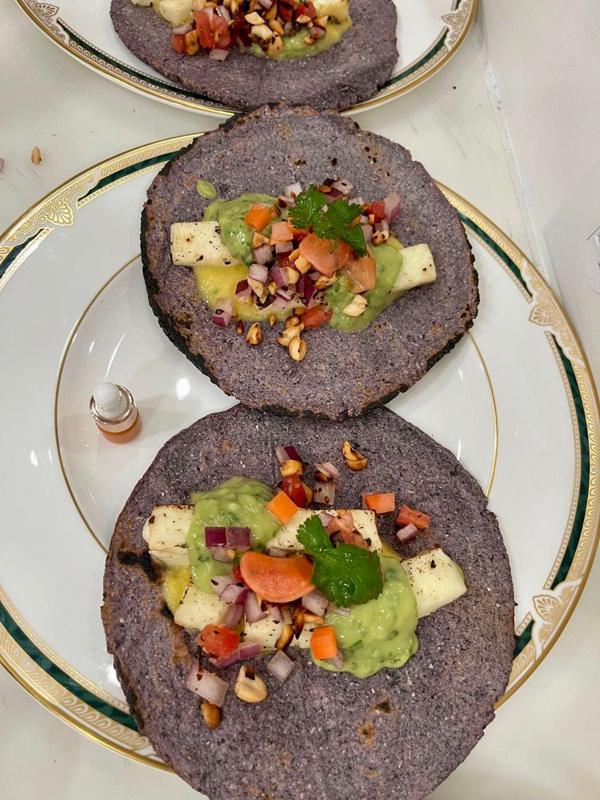 Blue corn tortillas with paneer and chutneys