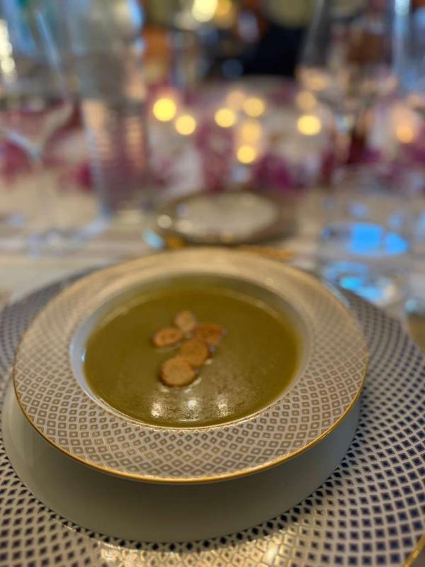 A fine dining soup course served at home